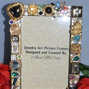 VINTAGE JEWELRY DECORATED PICTURE FRAME, HANDMADE ONE OF A KIND WORK OF ART 4X6